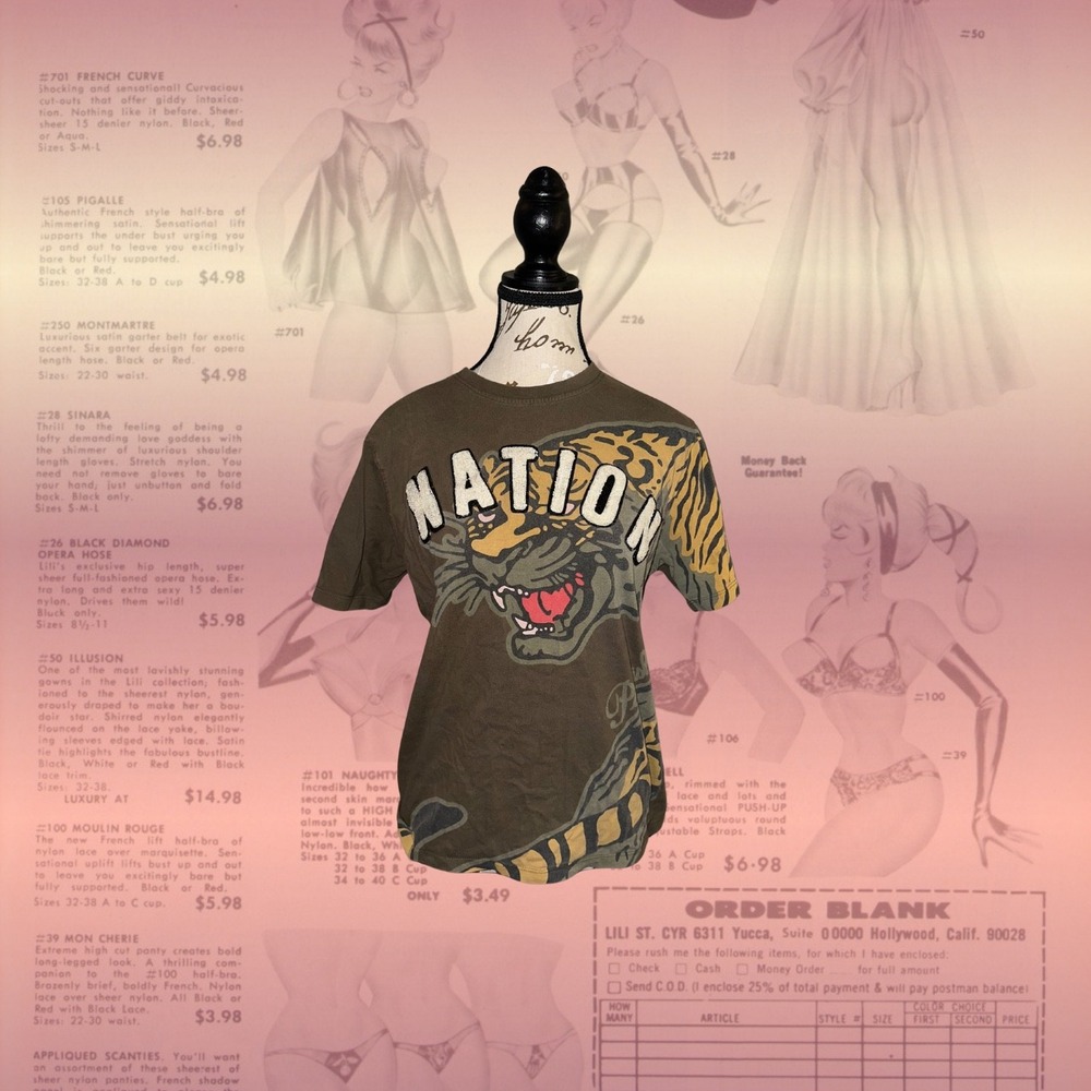 Ed Hardy Style Y2K army green printed top